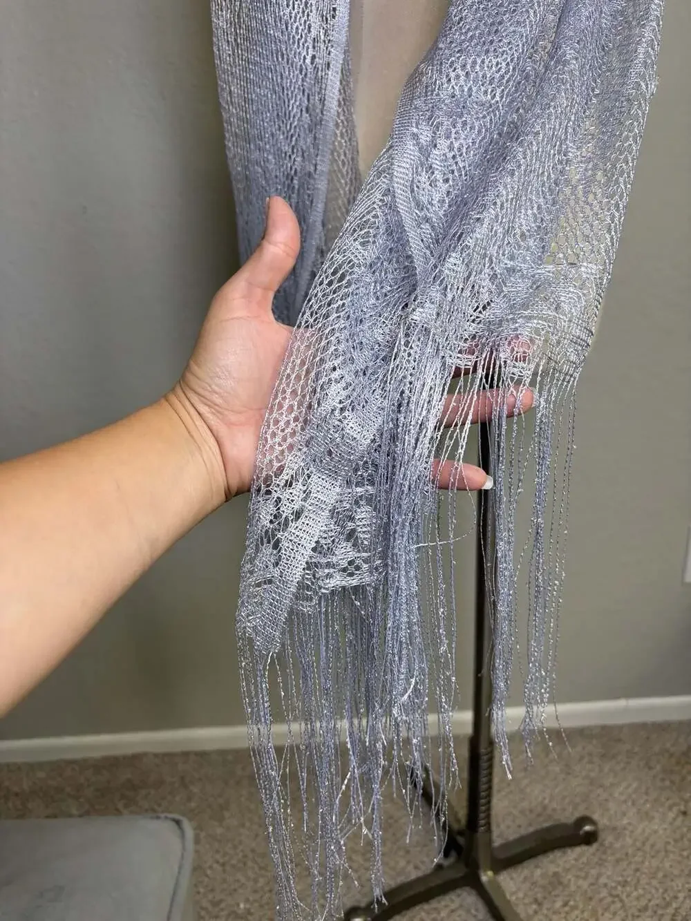 Silver Metallic Shimmer Lace Fringe Evening Shawl Wrap